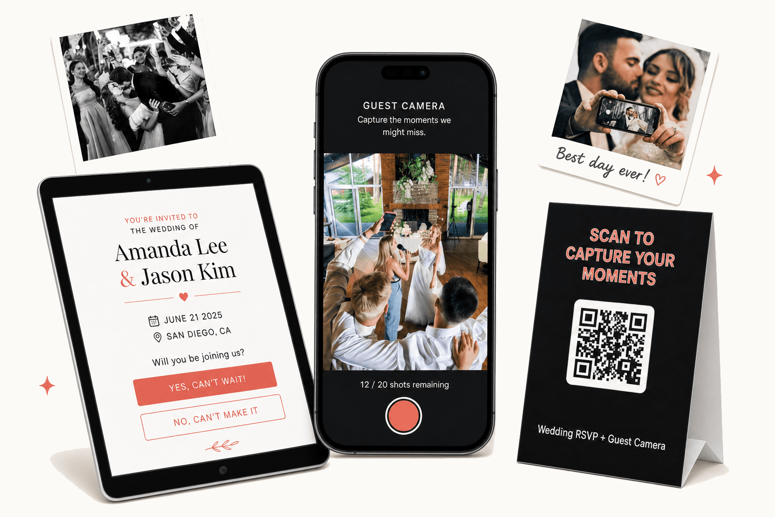 WedPOV Wedding RSVP website on a tablet, Guest Camera on a phone, floating Polaroids, and a QR table card